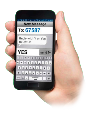 Human hand with a cell phone in it with a new message. Sending text to 67587 in order to send yes two to opt in to text notifications for families.